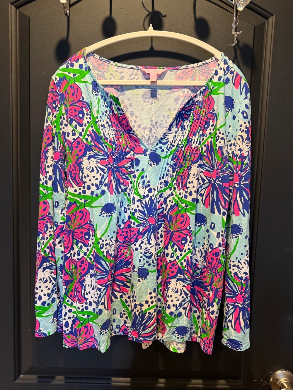 Lilly Pulitzer Floral V-Neck Long Sleeve Top - Pink, Blue & Green